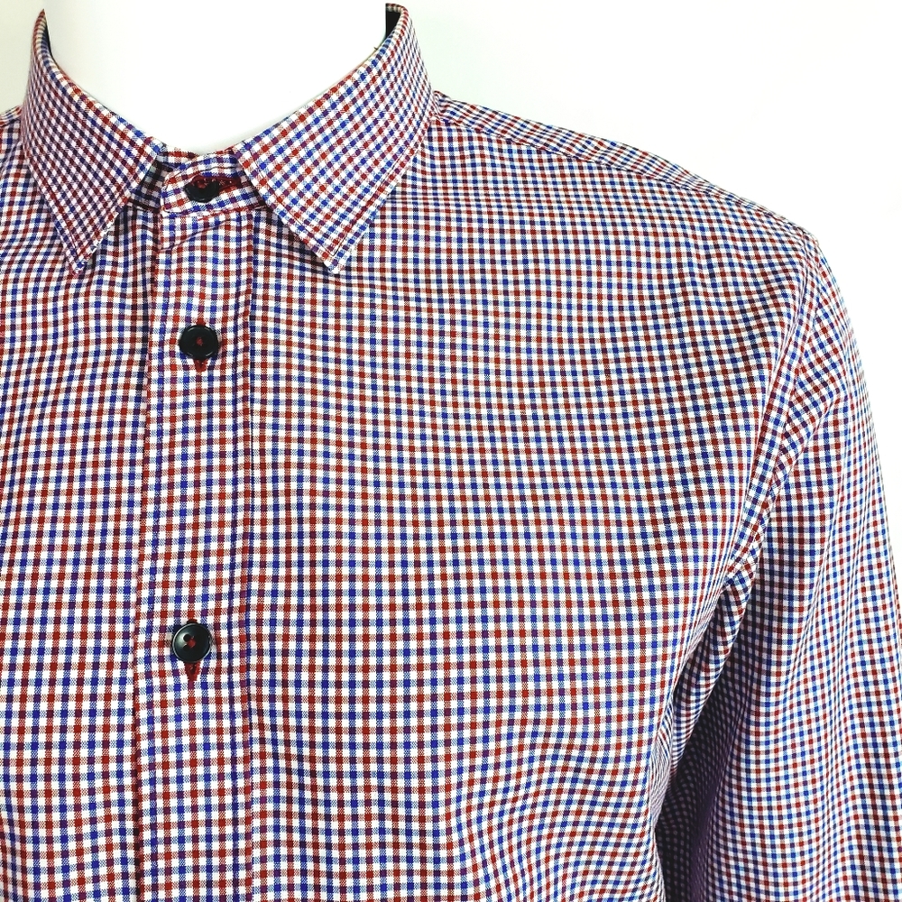 Zara Man Red Blue Plaid Slim Fit Dress Shirt Large
